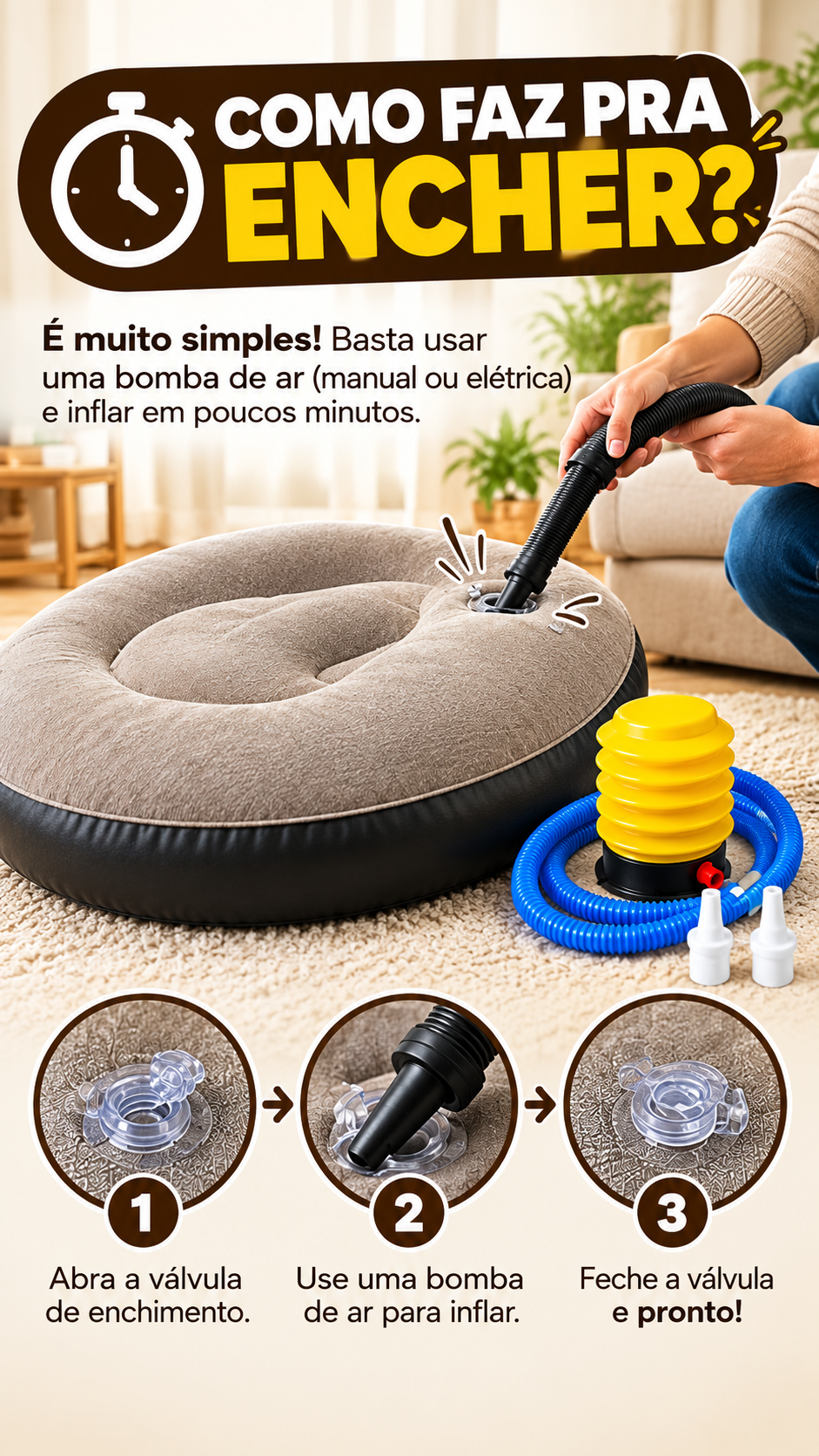 Infográfico de como encher a almofada inflável