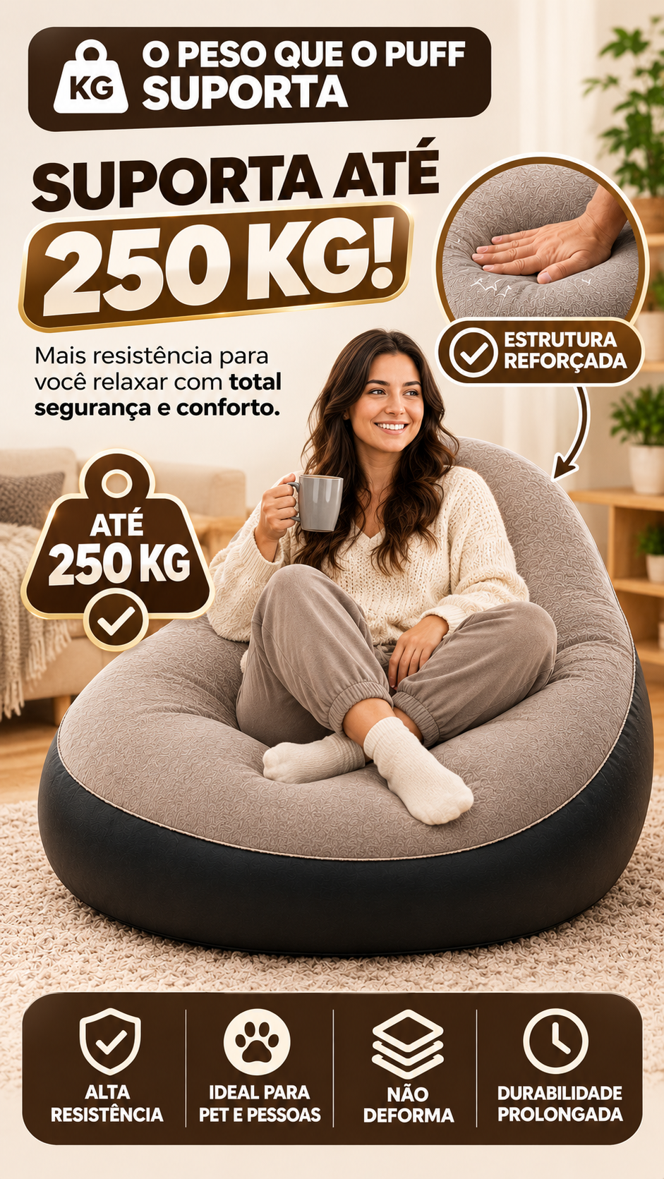 Puff reforçado que suporta até 250 kg
